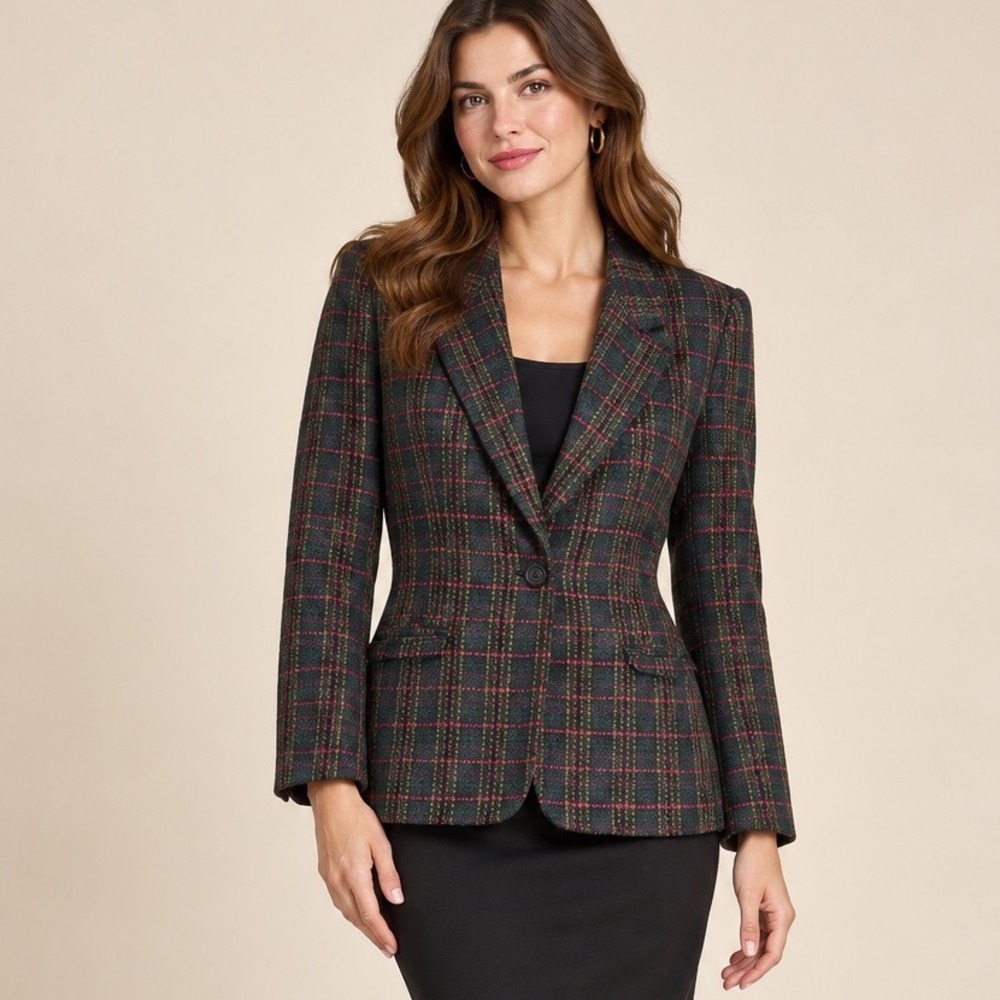 Vintage Plaid Blazer Women 6 Green Red Wool Single Button Heritage Dark Academia